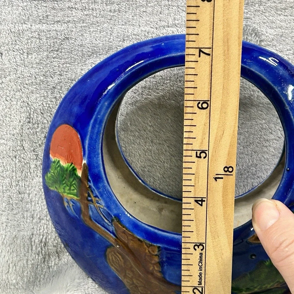 Vintage Japanese Banko Ware‎ Moon Vase Hanging Planter Crane Tree Motif